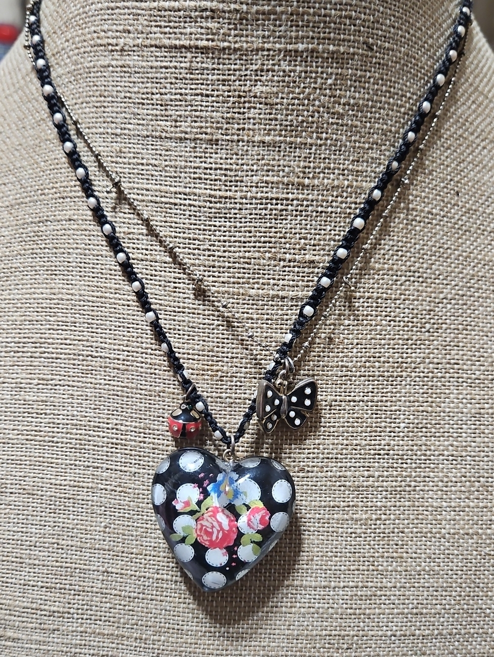 Betsey Johnson Black Polka Dot Heart Pendant Necklace with Floral Accent